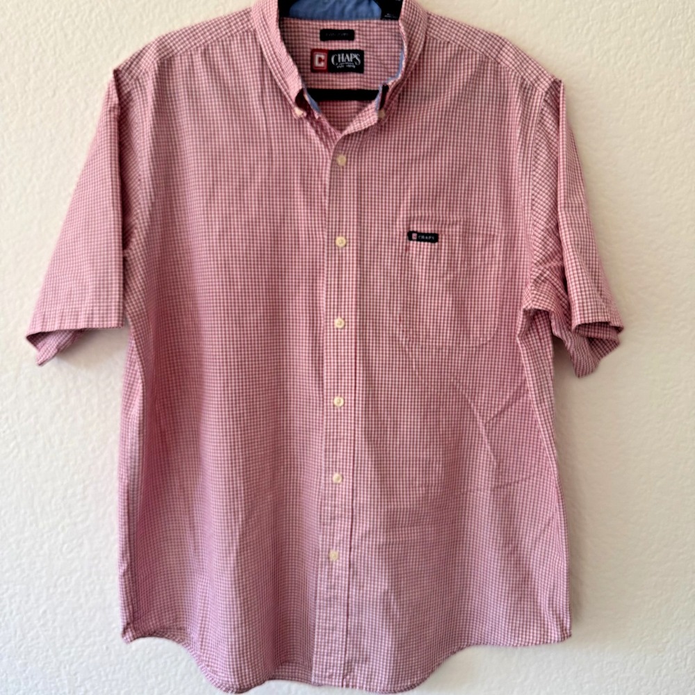 Chaps Button Down Shirt Mens XL Red Gingham Plaid Short Sleeve Easy Care Pocket